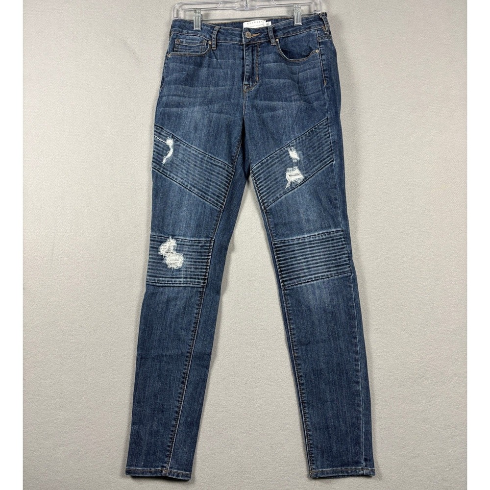 Kendall + Kylie Moto Skinny Jeans Distressed Ribbed Blue Denim 28